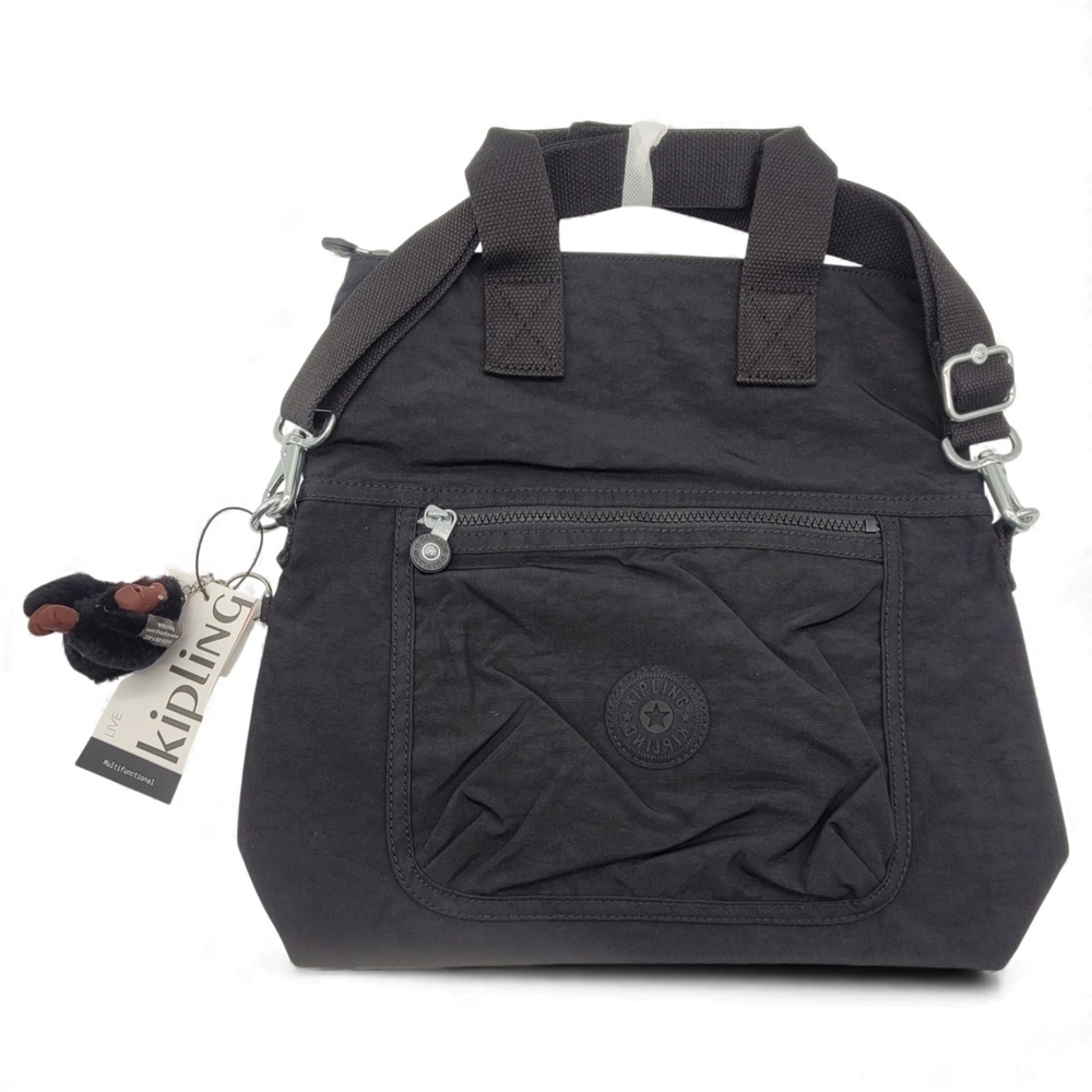 Kipling Nylon Eleva Crossbody – Black Convertible Purse w/ Handle 11x8x4 in